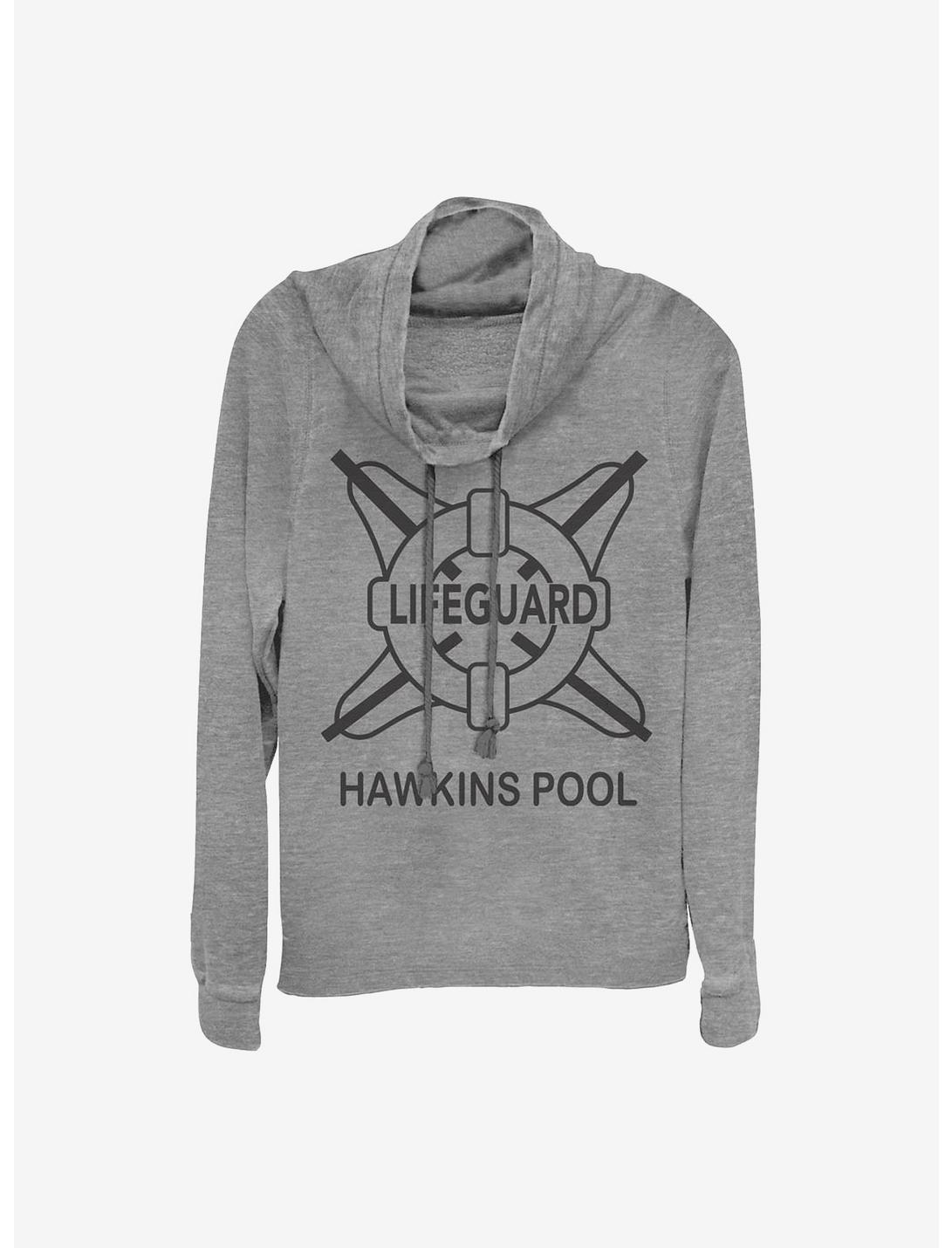 Stranger Things Hawkins Pool Lifeguard Cowl Neck Long-Sleeve Womens Top, GRAY HTR, hi-res
