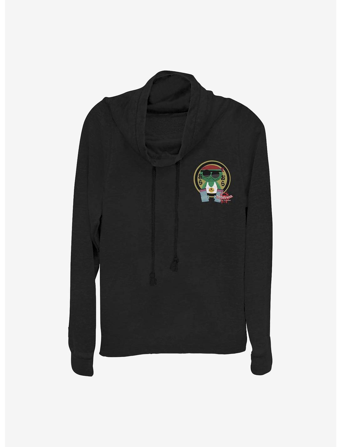 Marvel Spider-Man: Into The Spiderverse Kappa Sticker Faux Pocket Cowl Neck Long-Sleeve Womens Top, BLACK, hi-res