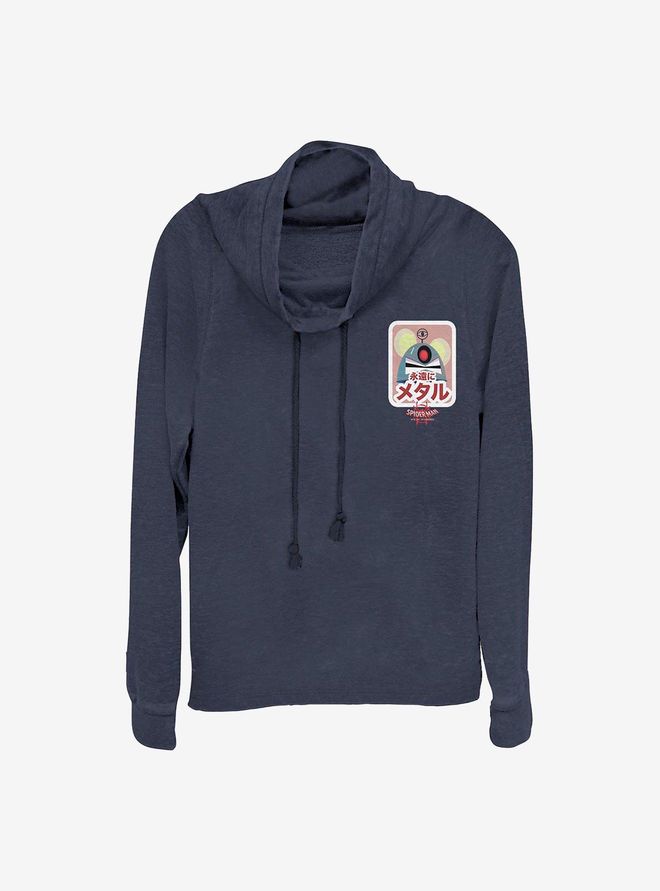 Marvel Spider-Man: Into The Spiderverse Robot Mouse Sticker Faux Pocket Cowl Neck Long-Sleeve Womens Top