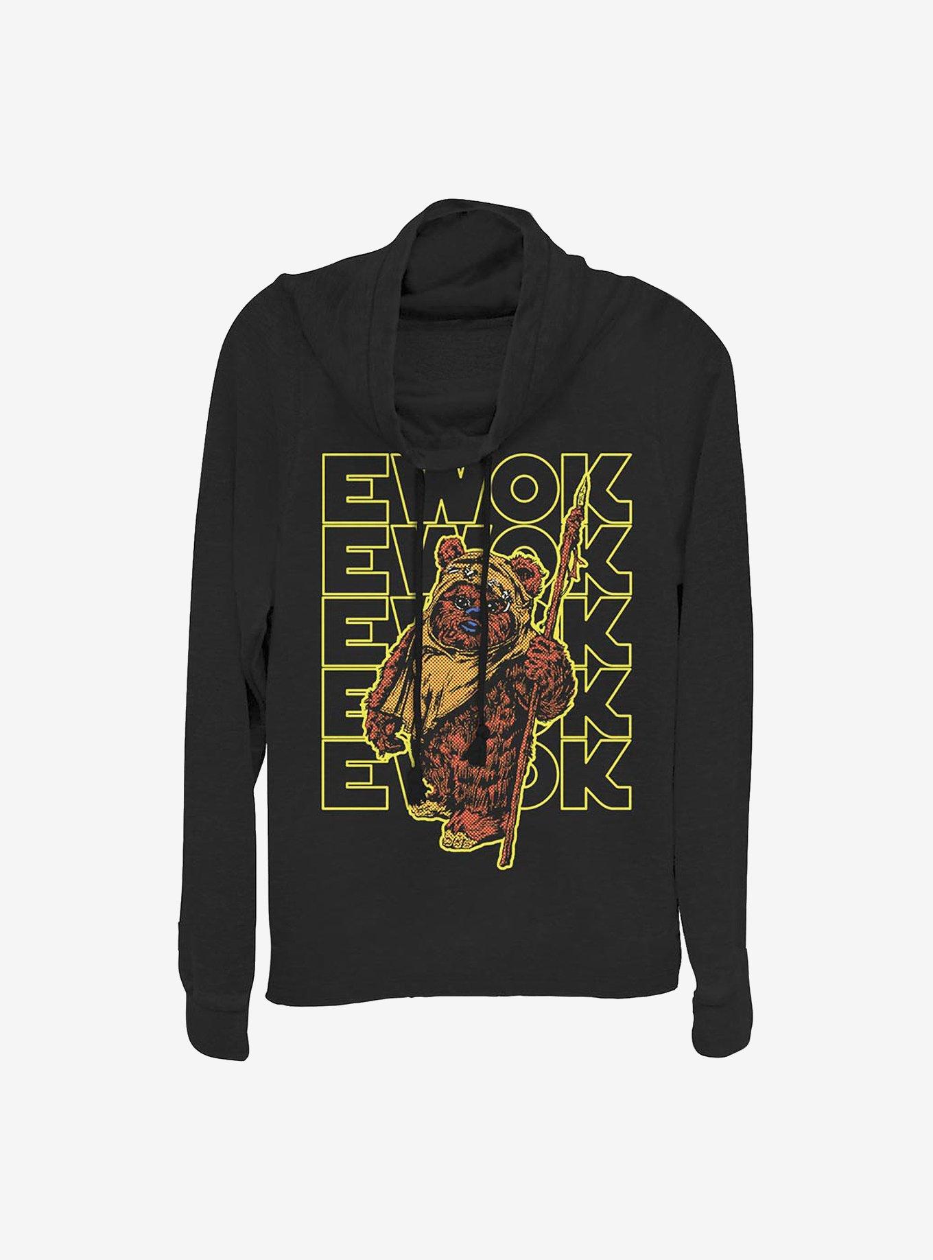 Star Wars Retro Ewok Big Halftones Cowl Neck Long-Sleeve Womens Top, BLACK, hi-res