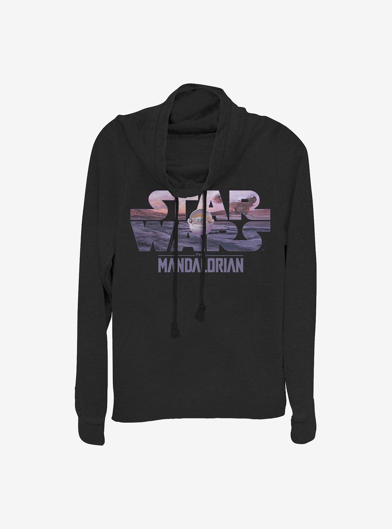 Star Wars The Mandalorian Child Logo Fill Cowl Neck Long-Sleeve Womens Top, BLACK, hi-res