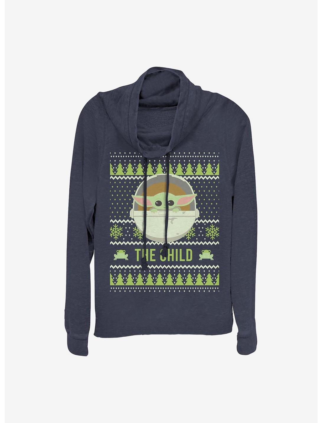 Star Wars The Mandalorian The Cute Holiday Pattern Cowl Neck Long-Sleeve Womens Top, NAVY, hi-res
