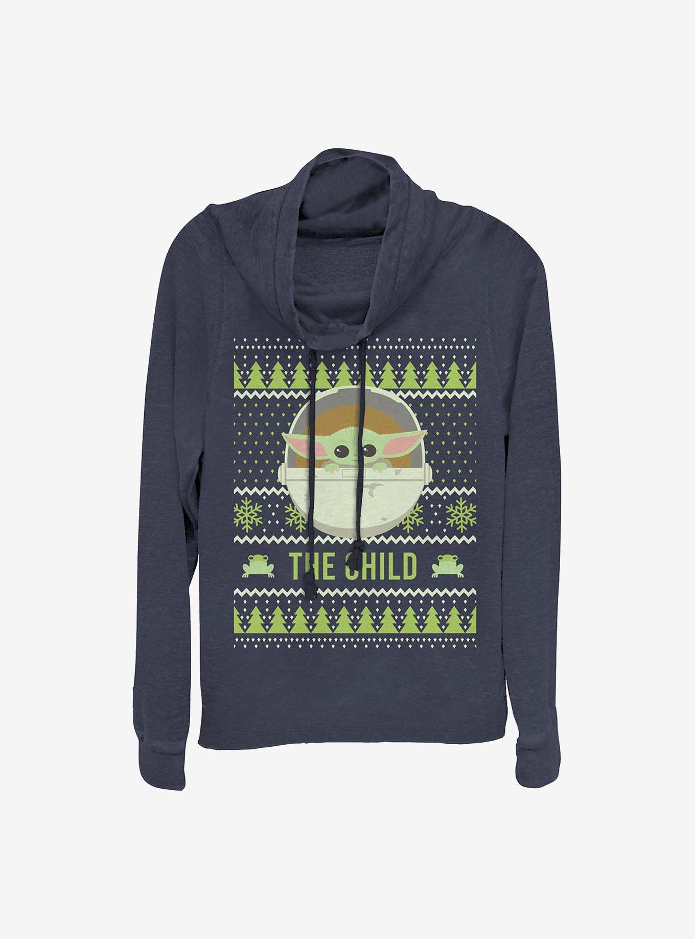 Star Wars The Mandalorian The Cute Holiday Pattern Cowl Neck Long-Sleeve Womens Top, , hi-res