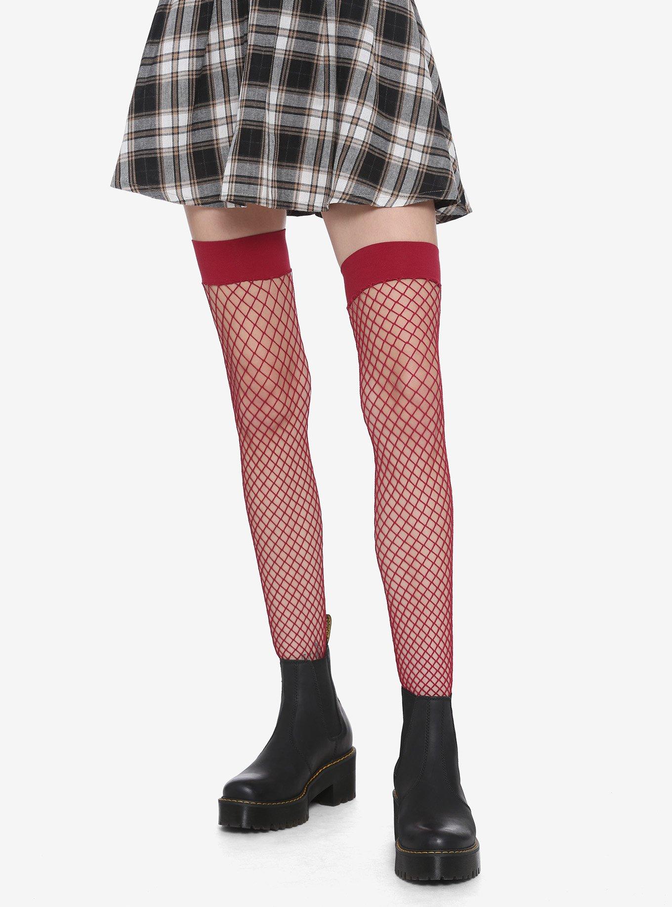 HOT TOPIC RED ELASTIC TOP BIG FISHNET THIGH HIGH STOCKINGS NEW