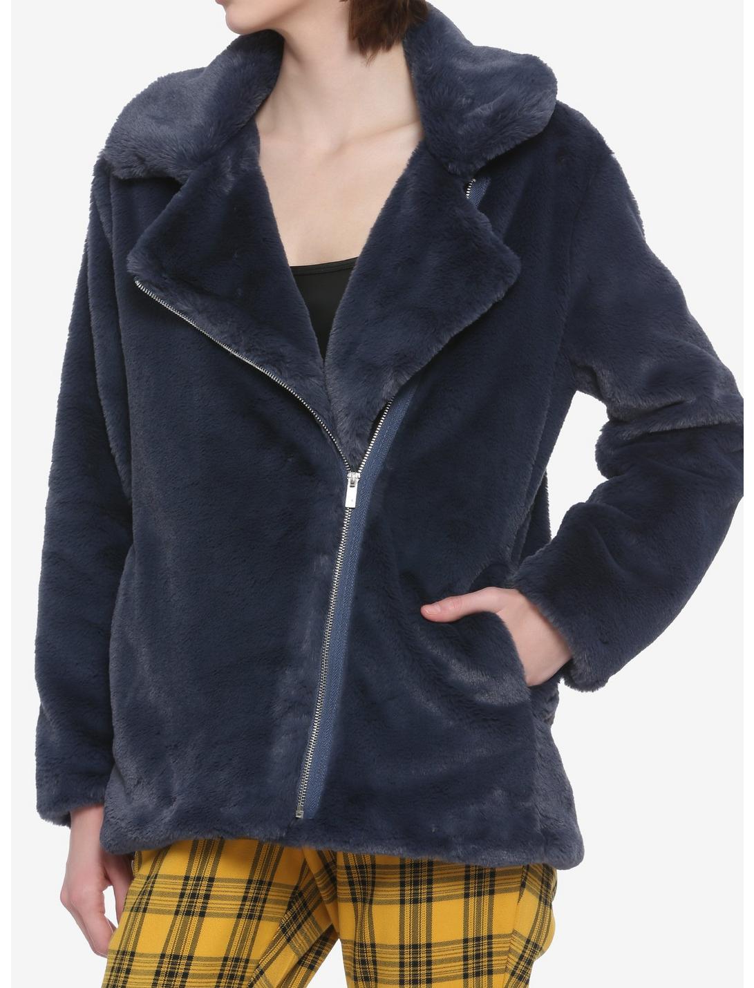 Slate Faux Fur Zipper Girls Jacket, BLUE  NAVY, hi-res