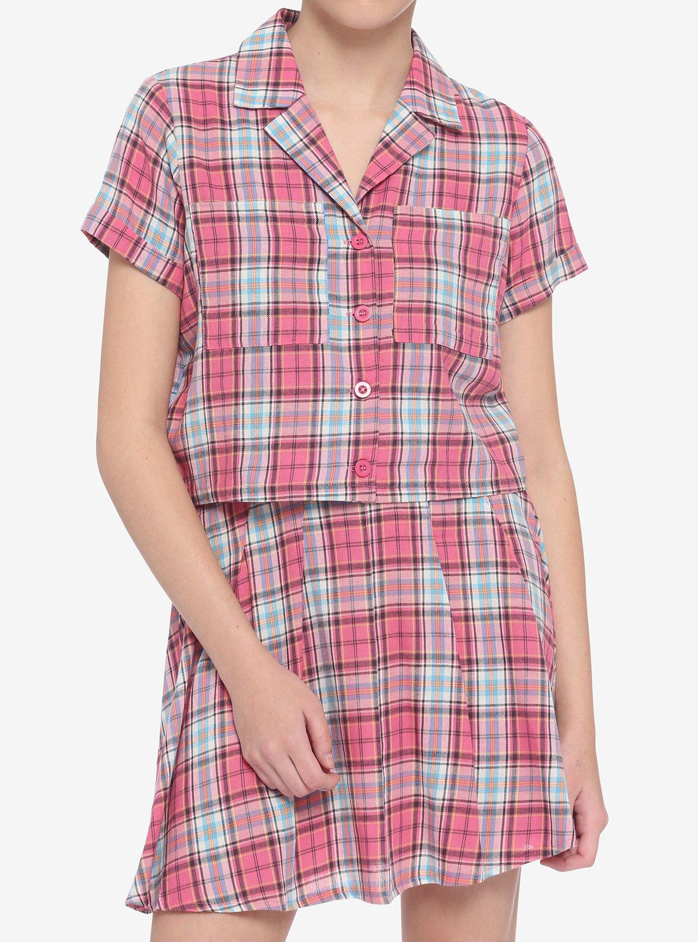 Daisy Street Pink Plaid Girls Woven Button-Up, PLAID, hi-res
