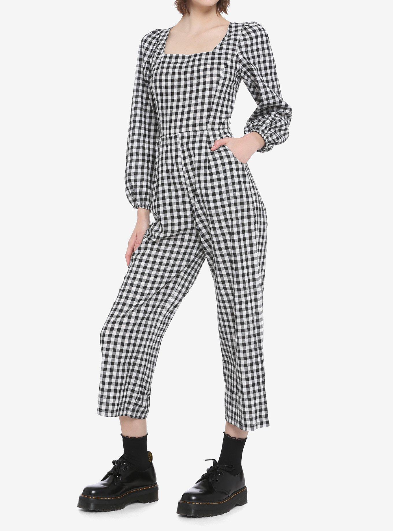 Daisy Street Black & White Plaid Jumpsuit, BLACK, hi-res