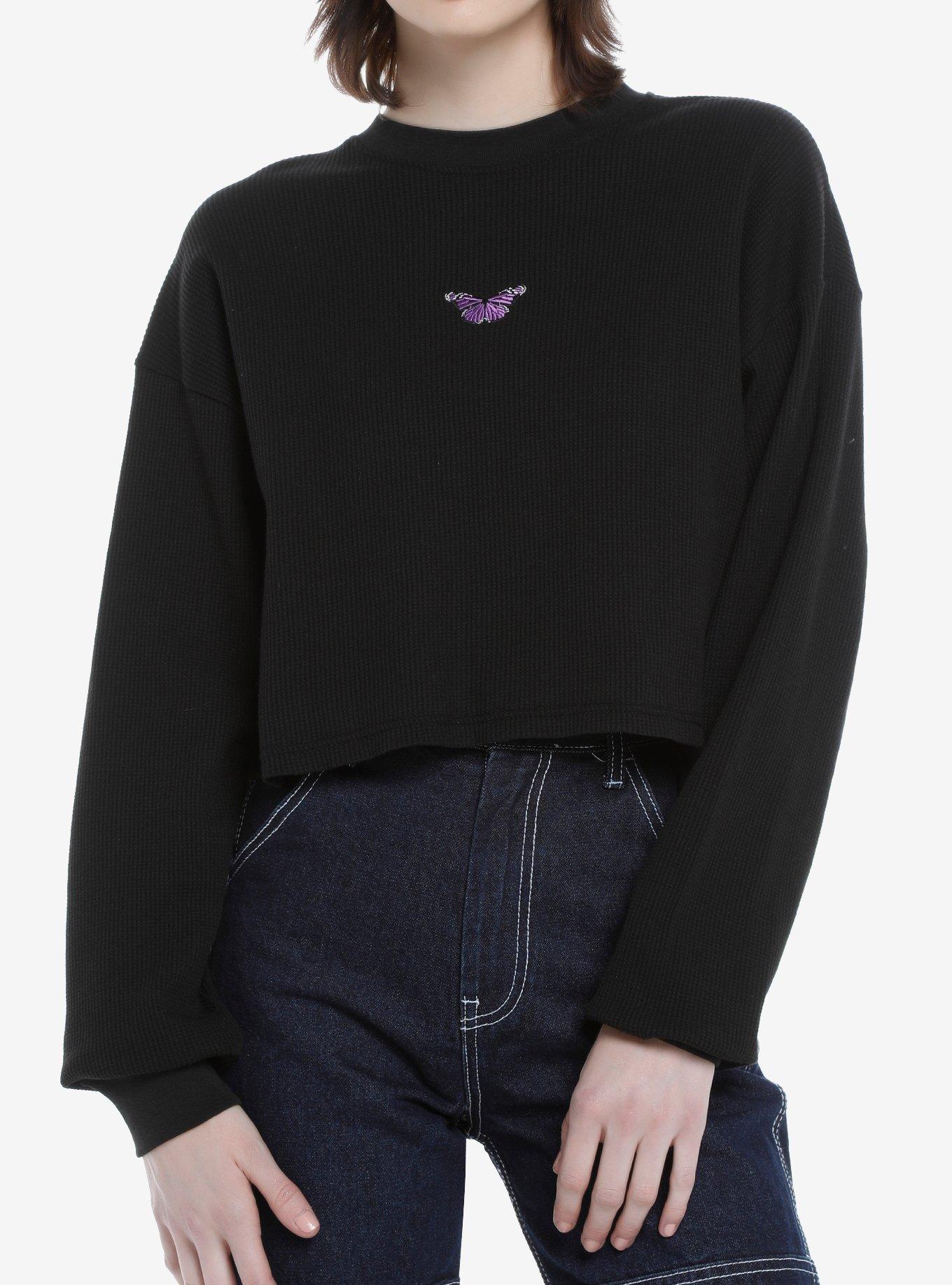 Daisy Street Butterfly Girls Crop Sweater, BLACK, hi-res