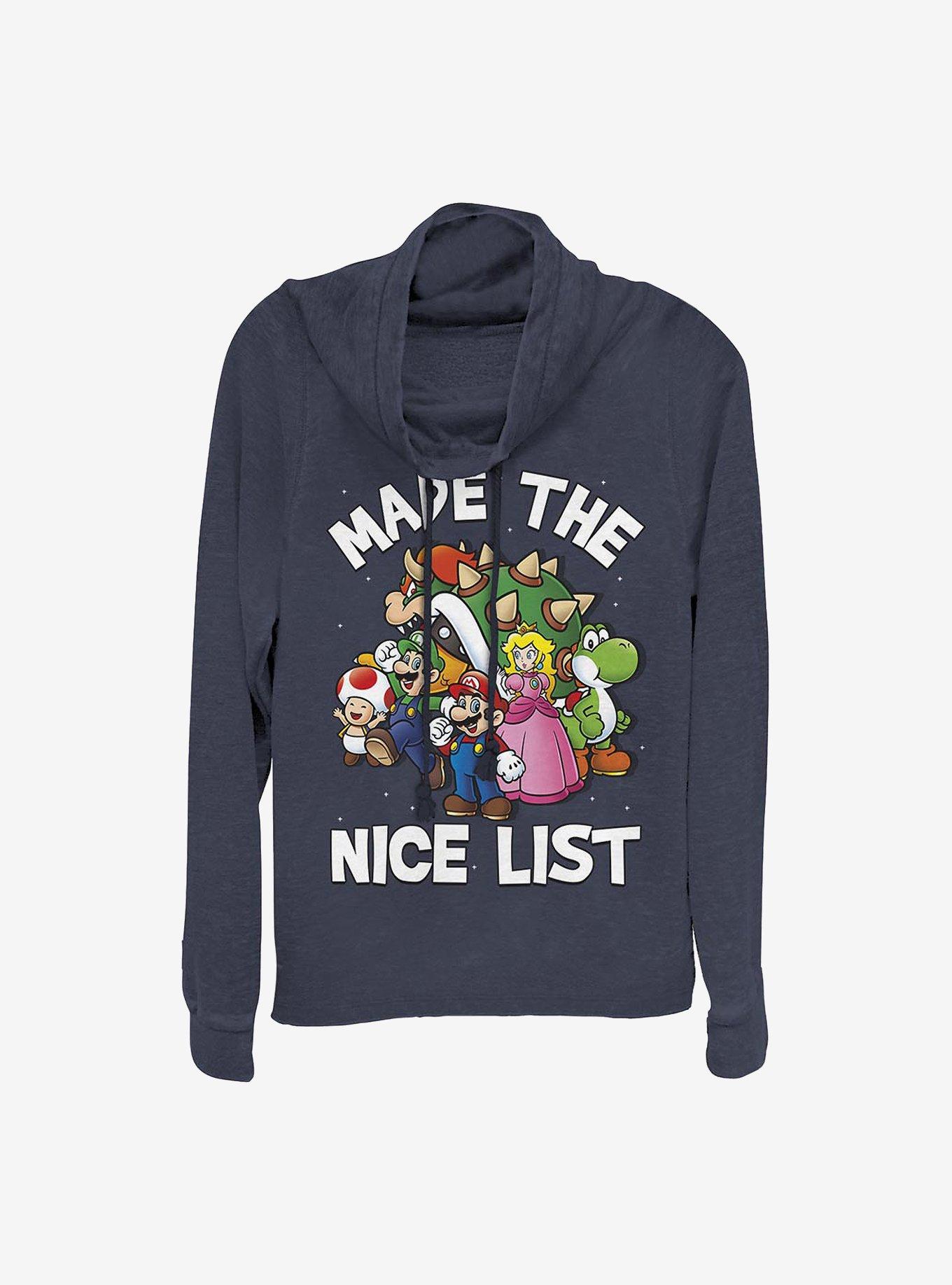 Nintendo Mario Nice List Cowlneck Long-Sleeve Girls Top, NAVY, hi-res