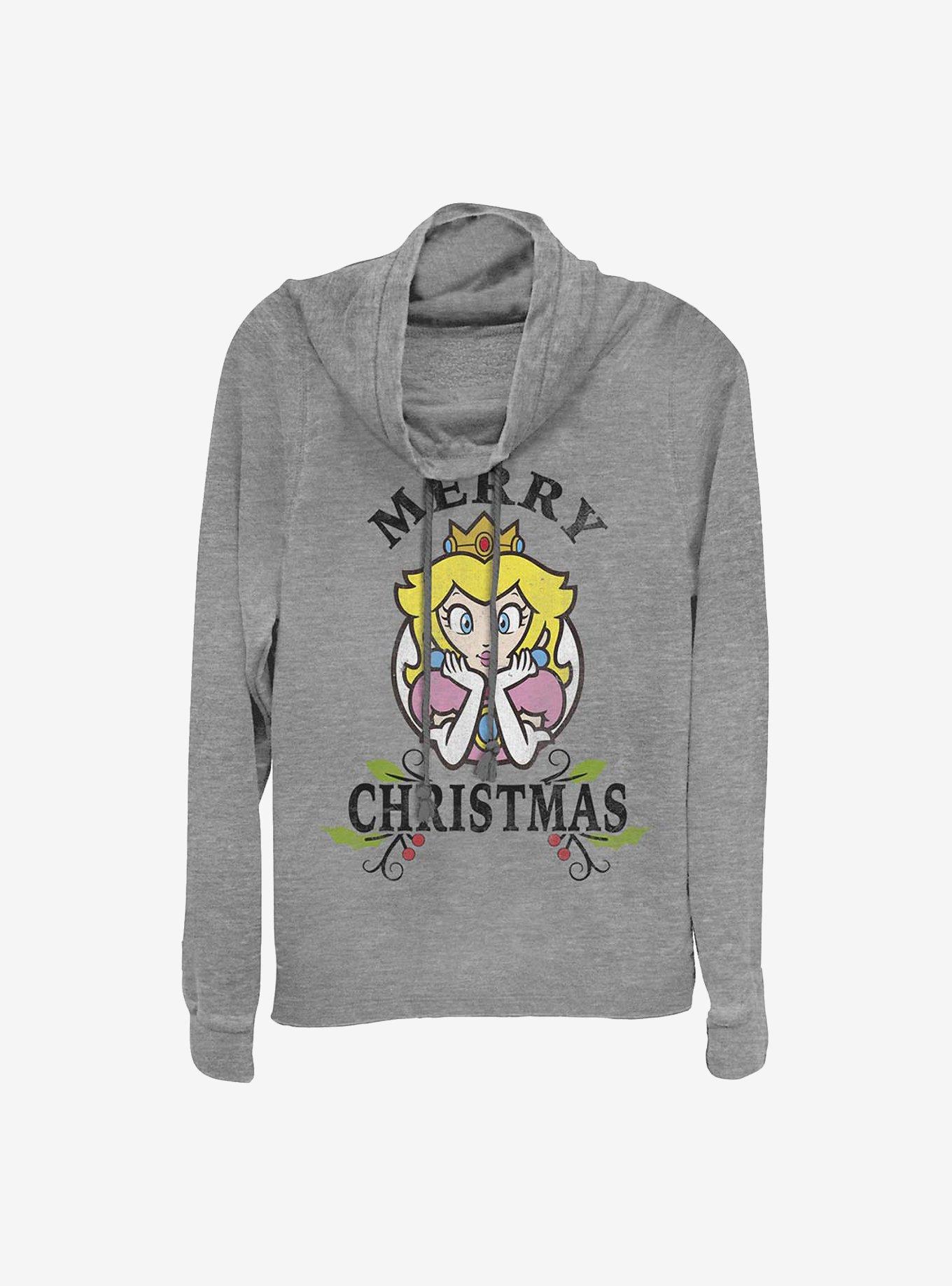 Nintendo Mario Princess Peach Holiday Cowlneck Long-Sleeve Girls Top, GRAY HTR, hi-res