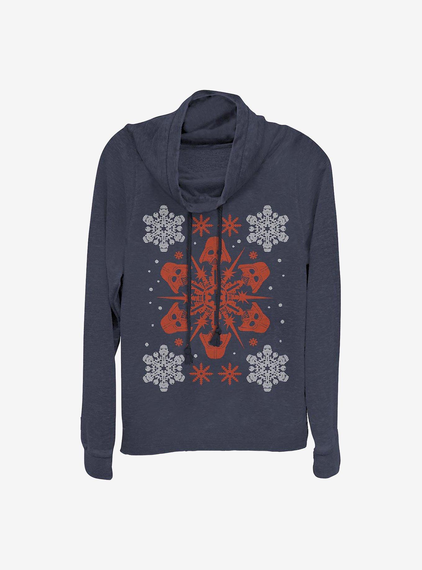 Star Wars Vader Holiday Snow-Flake Cowlneck Long-Sleeve Girls Top, NAVY, hi-res