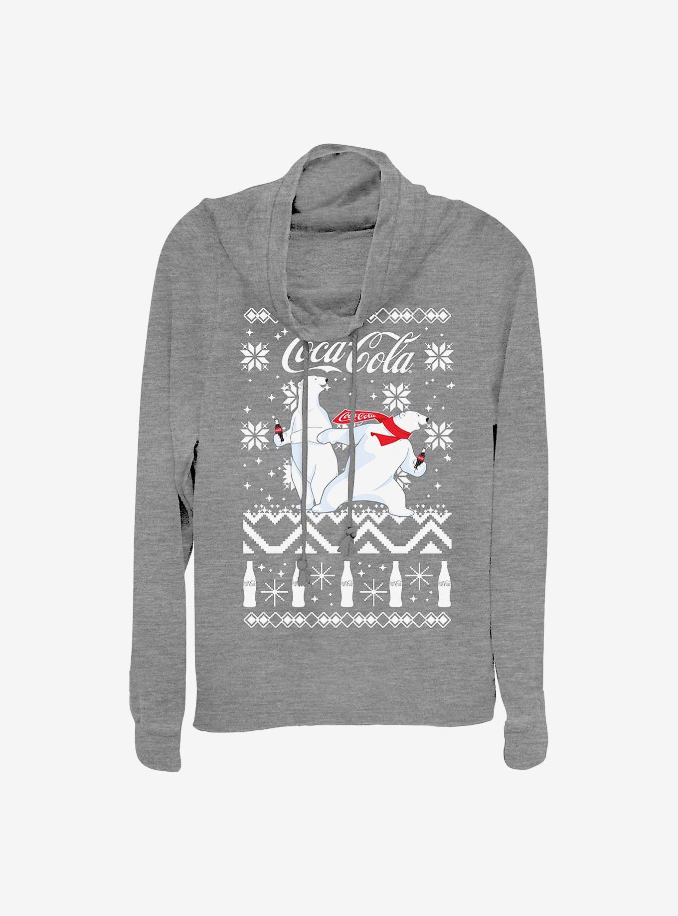 Coke Holiday Bears Cowlneck Long-Sleeve Girls Top, GRAY HTR, hi-res