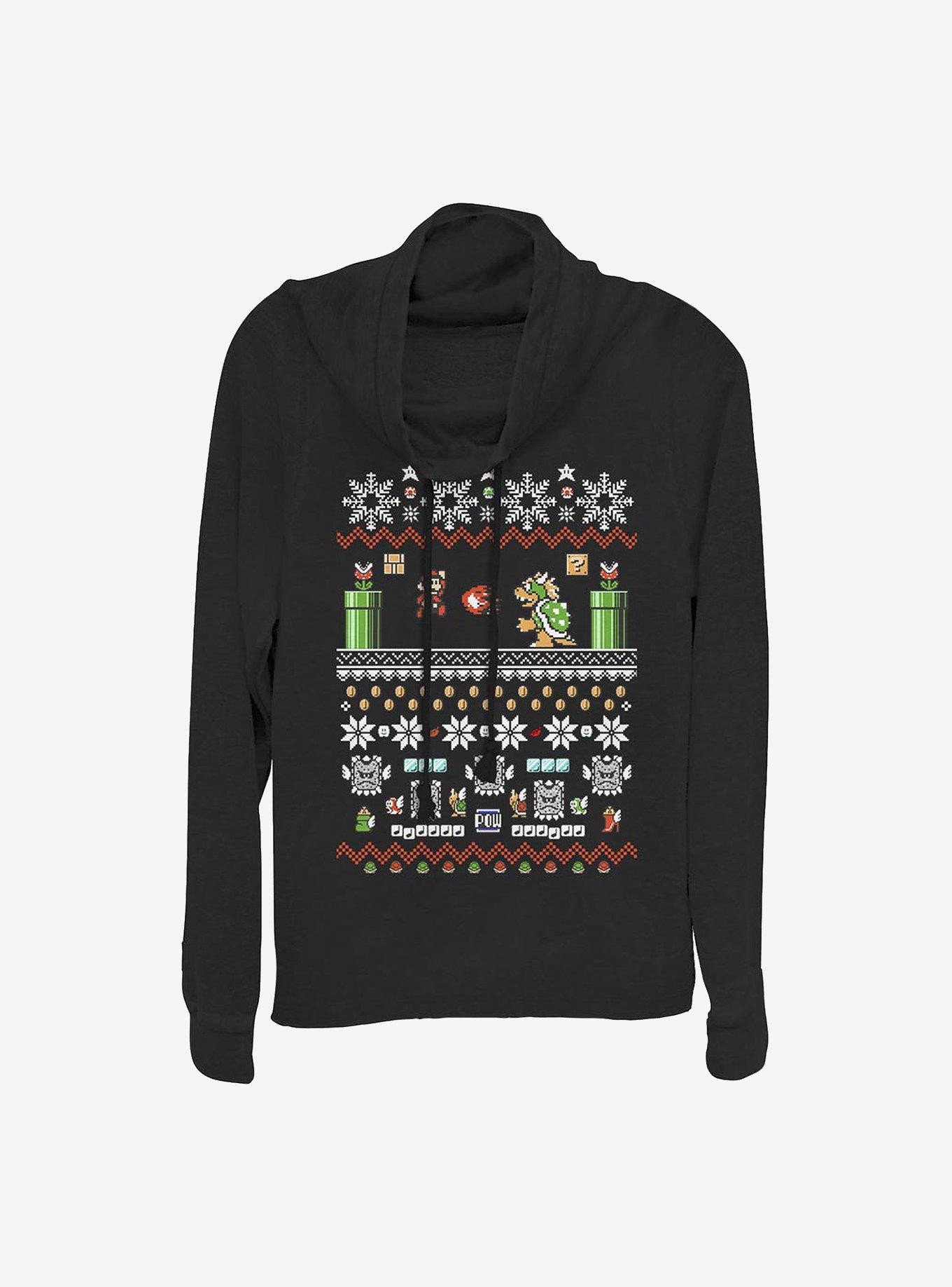 Nintendo Mario 8-Bit Xmas Stack Cowlneck Long-Sleeve Girls Top, , hi-res