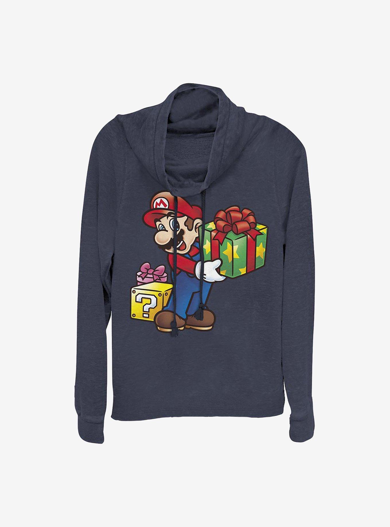 Nintendo Mario Christmas Present Cowlneck Long-Sleeve Girls Top, NAVY, hi-res