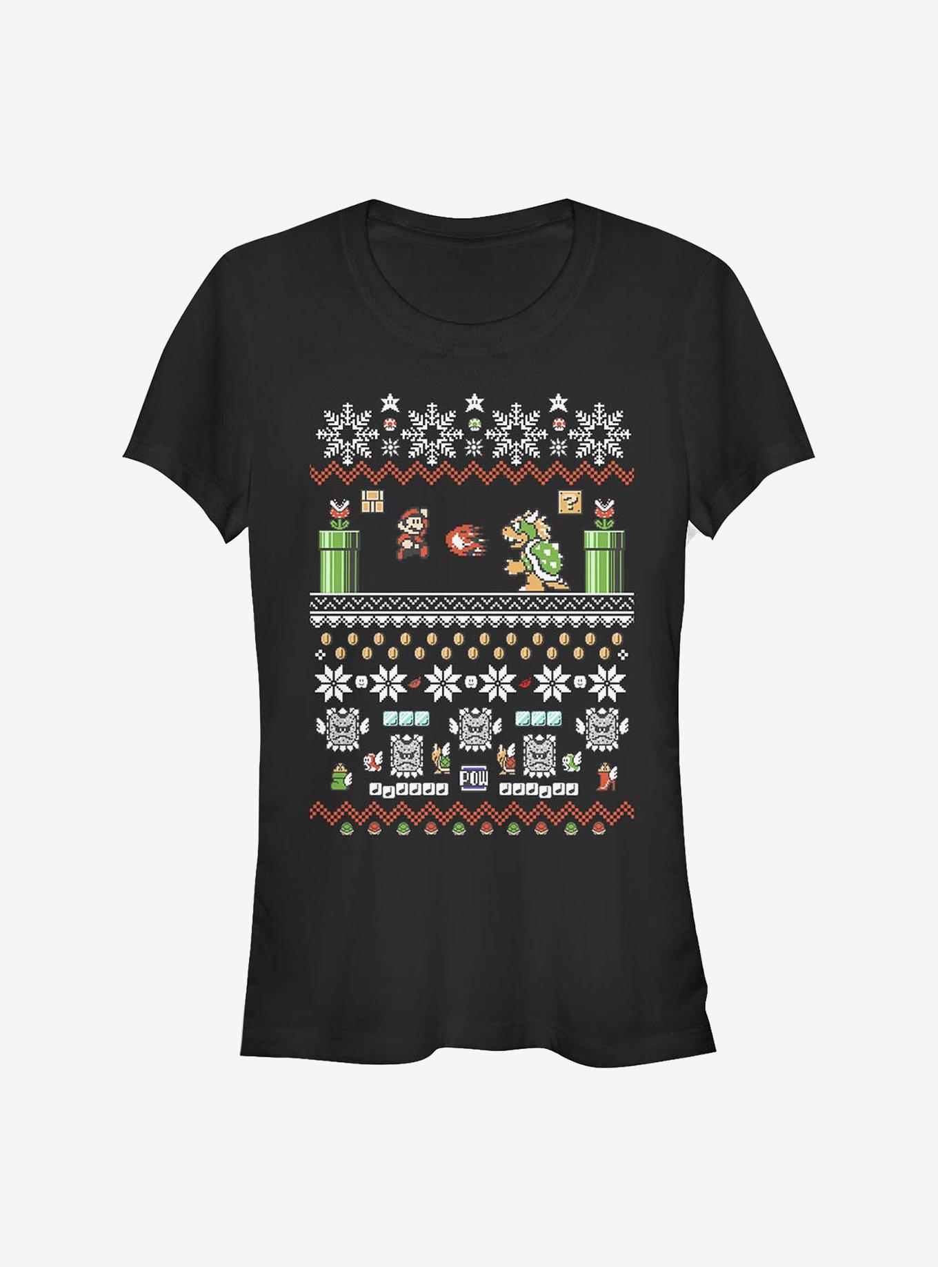 Nintendo Mario 8-Bit Xmas Stack Girls T-Shirt, BLACK, hi-res