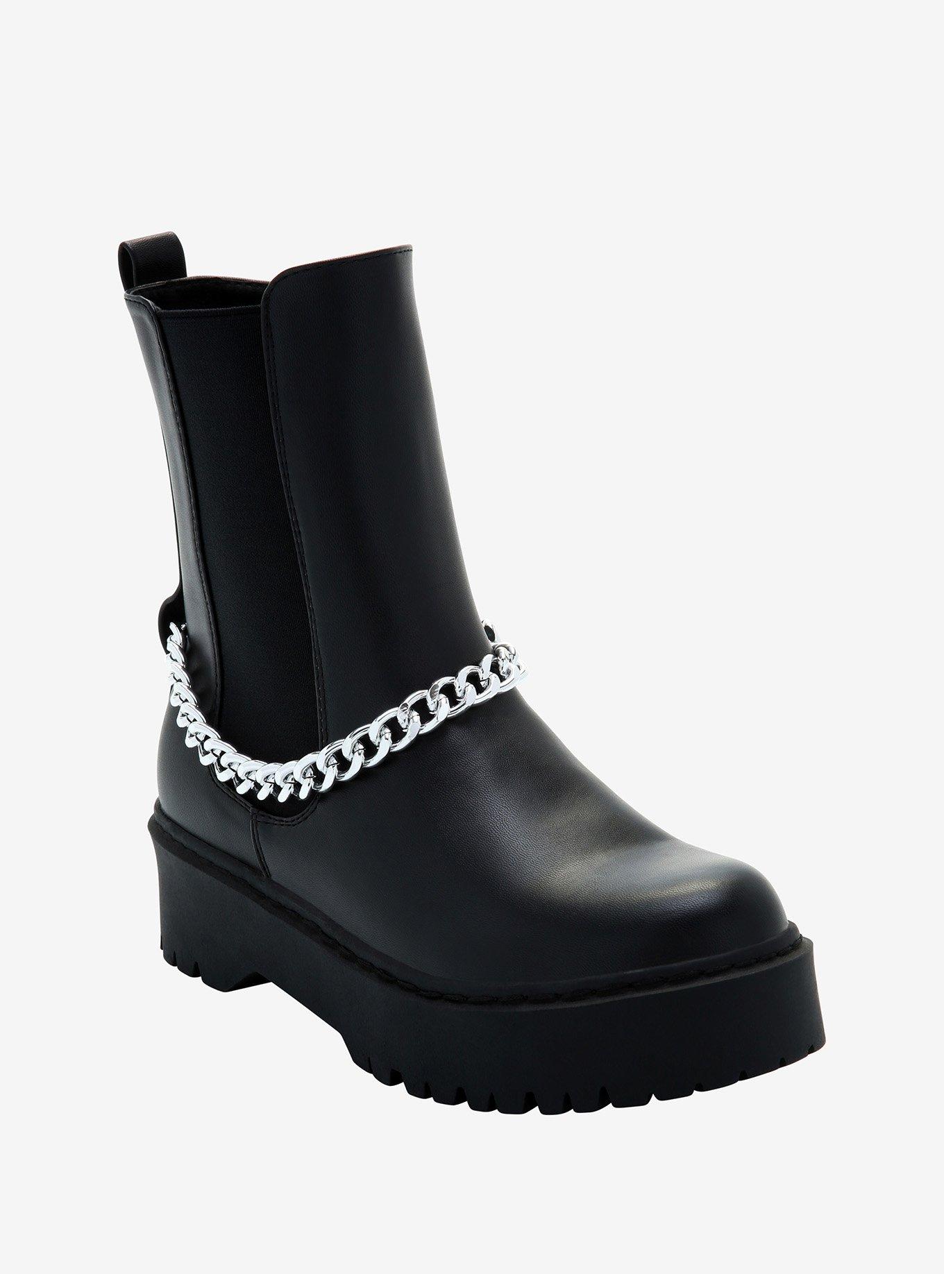 Black Slip-On Chain Platform Booties, MULTI, hi-res