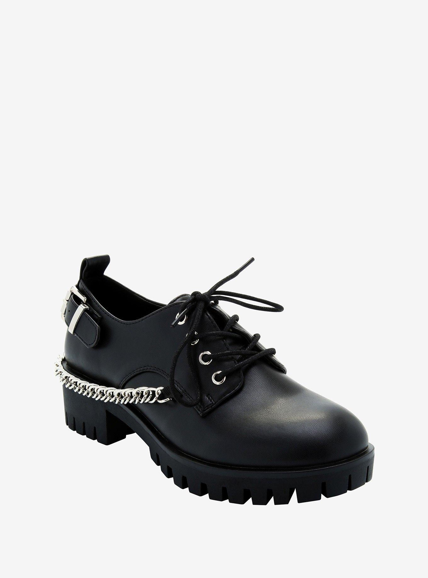 Black Buckle & Chain Lace-Up Oxfords, MULTI, hi-res