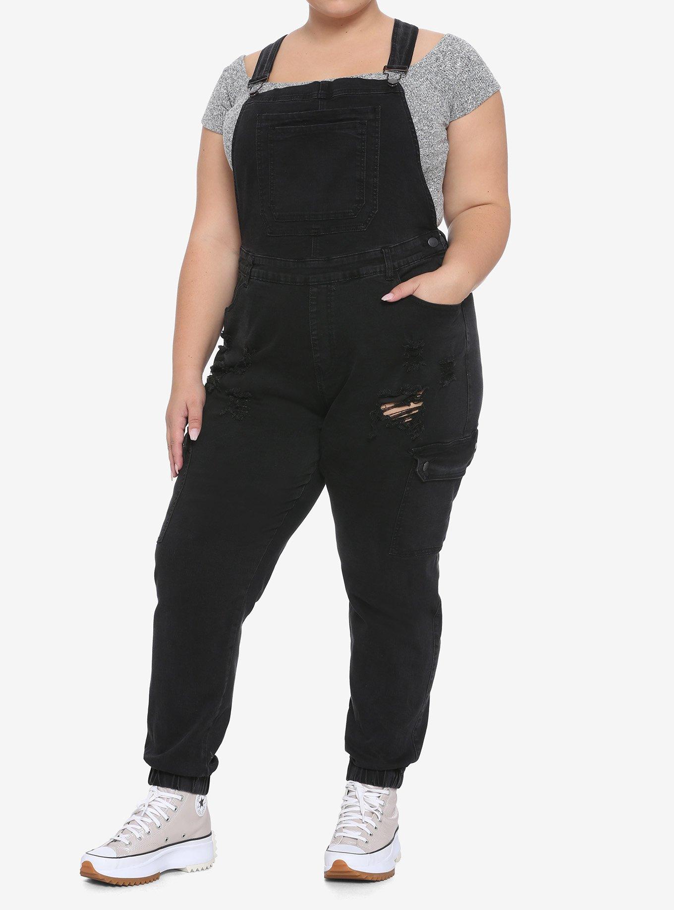 Black Destructed Cargo Overalls Plus Size, BLACK, hi-res