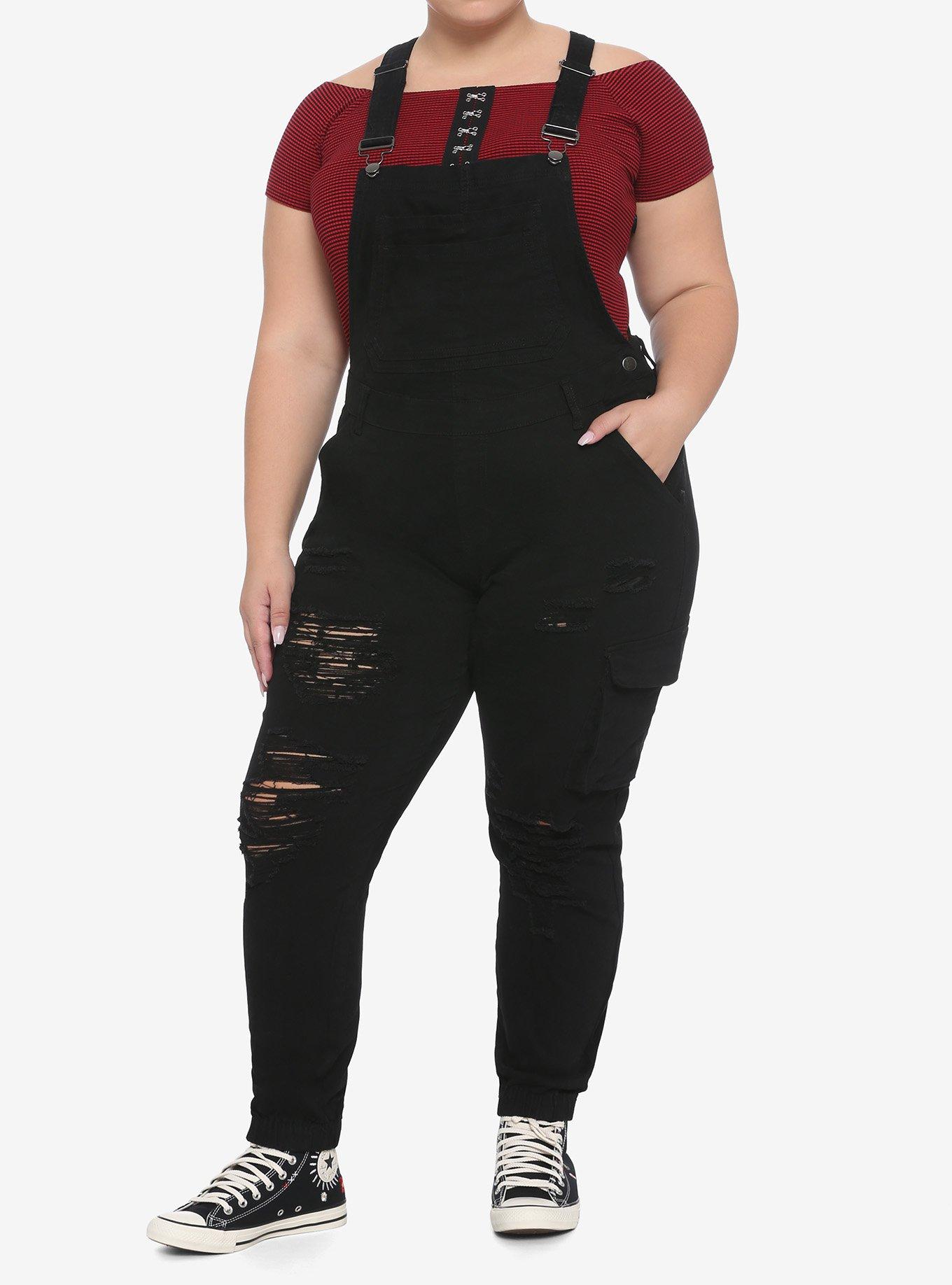 Black Super Destructed Cargo Overalls Plus Size, BLACK, hi-res