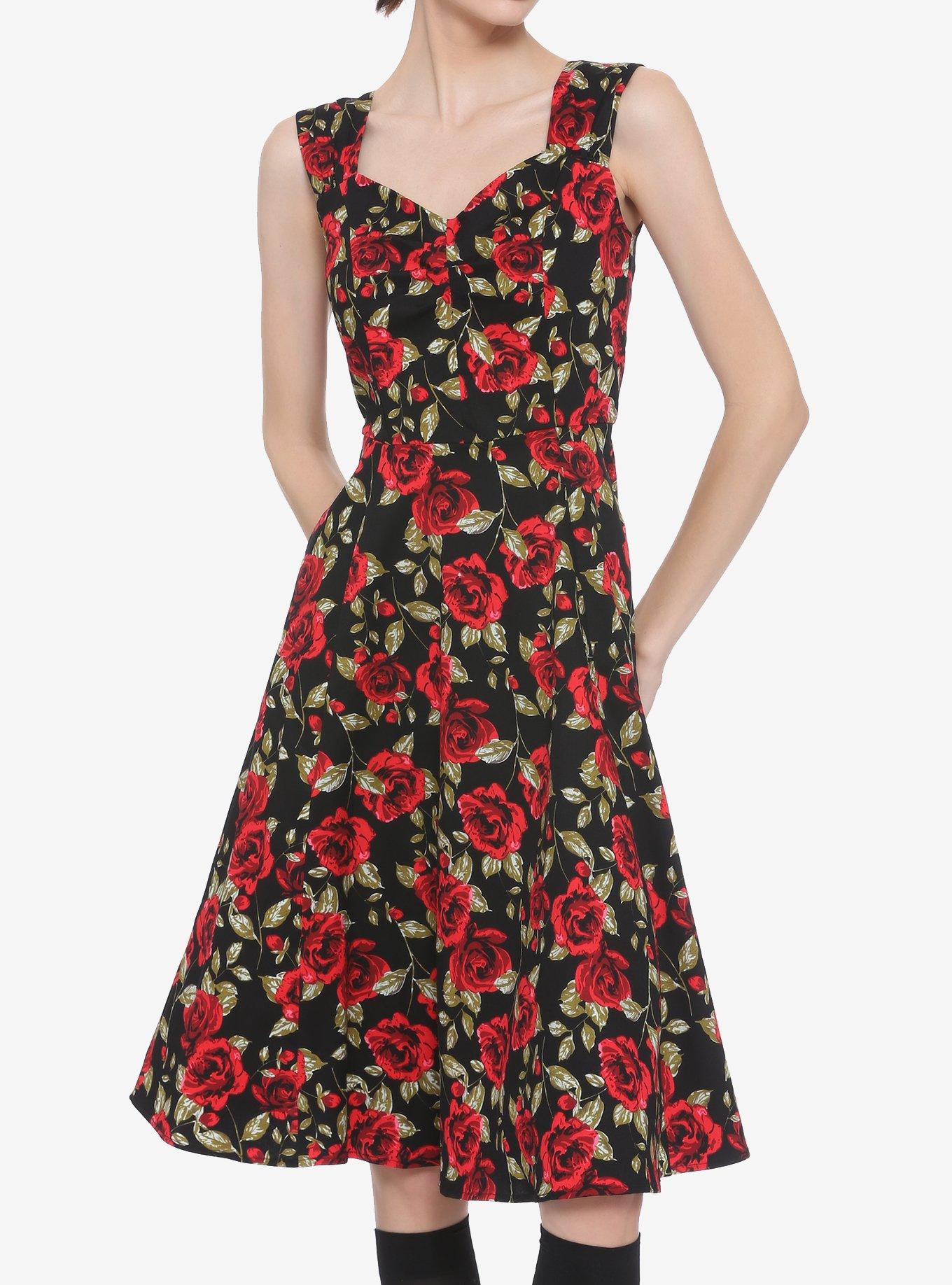 Red Roses Black Retro Dress, BLACK, hi-res