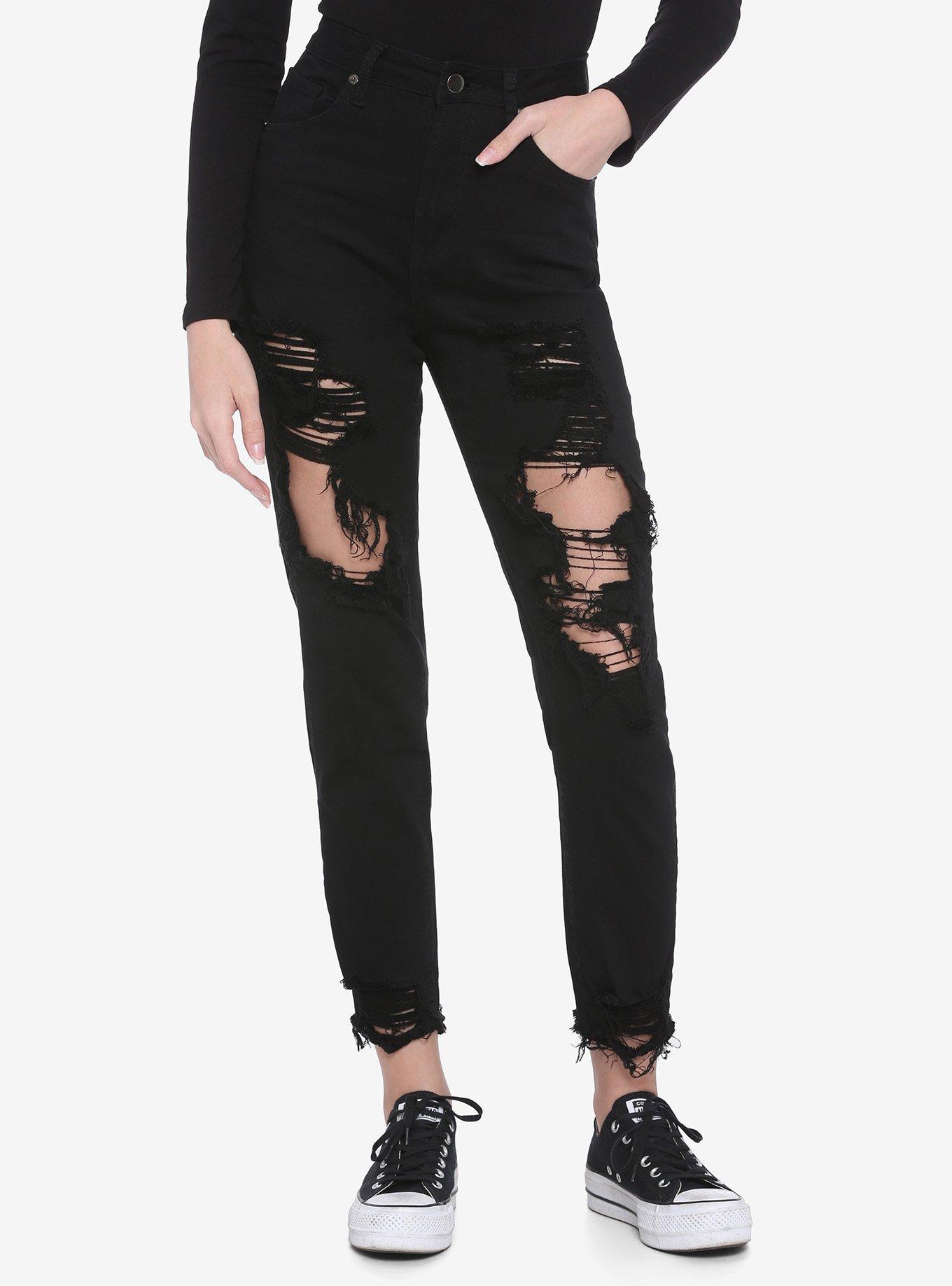 Black Destructed Crop Skinny Jeans, BLACK, hi-res