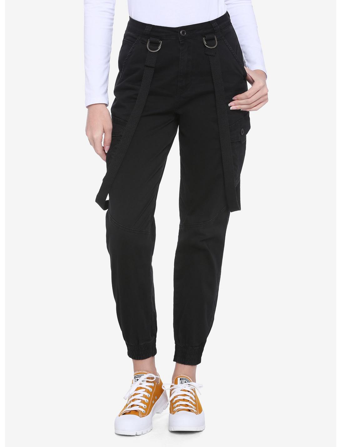 Black Suspender Cargo Pants, BLACK, hi-res