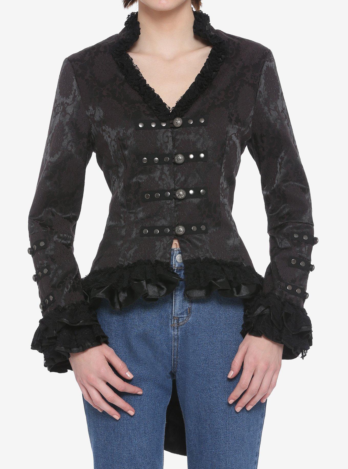 Black Brocade Lace-Up Girls Jacket, BLACK, hi-res view 1