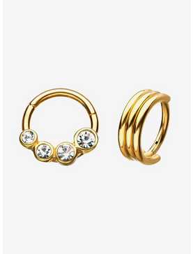 Gold Plated Triple Stack And 4 Clear Gem Hinged Segment Rings Set, , hi-res