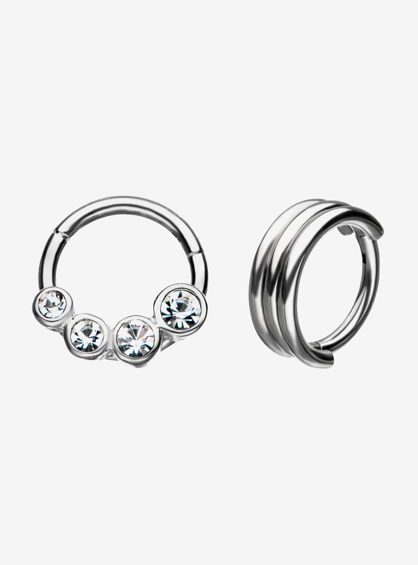 Stainless Steel Triple Stack And 4 Clear Gem Hinged Segment Rings Set
