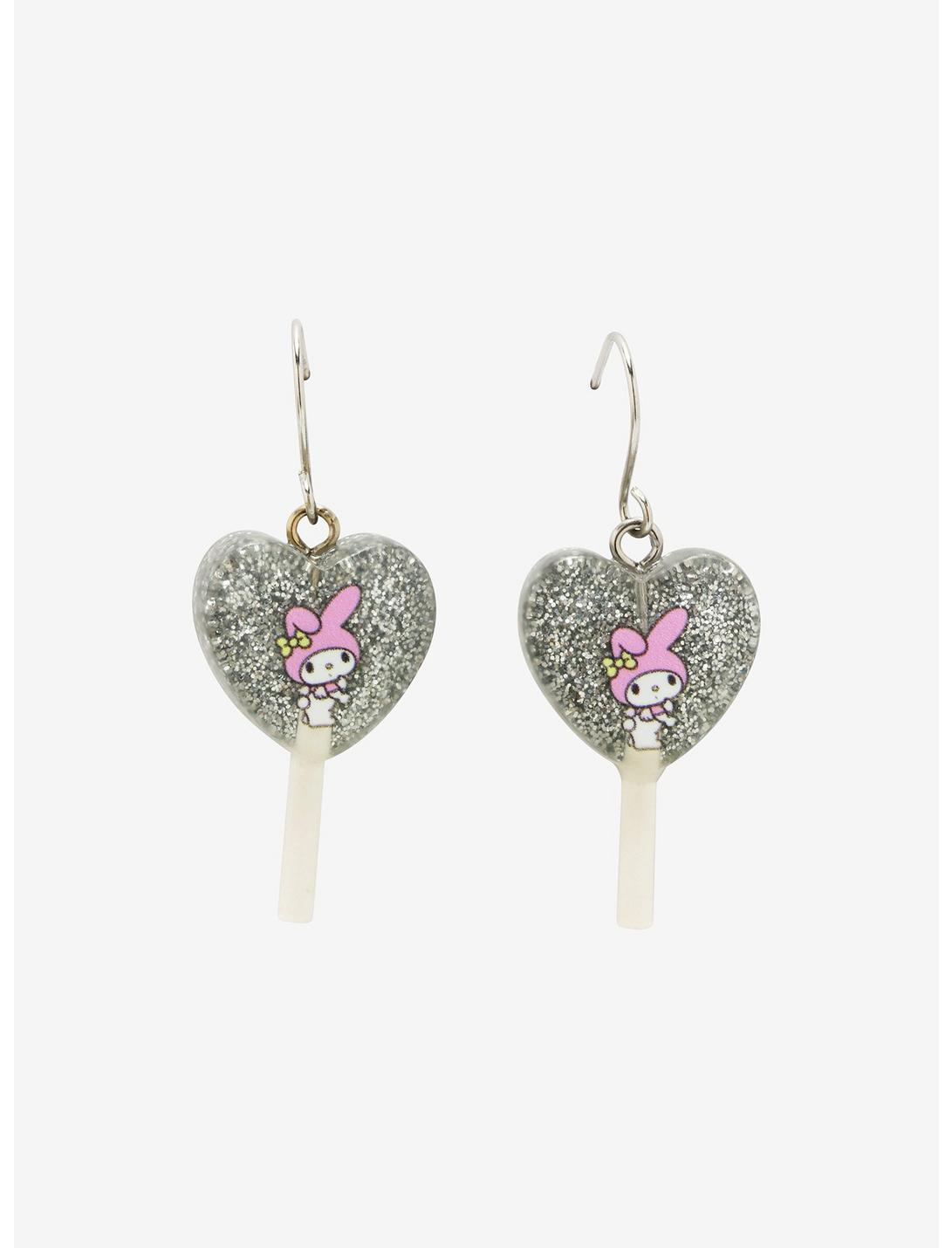 My Melody Glitter Heart Lollipop Drop Earrings, , hi-res