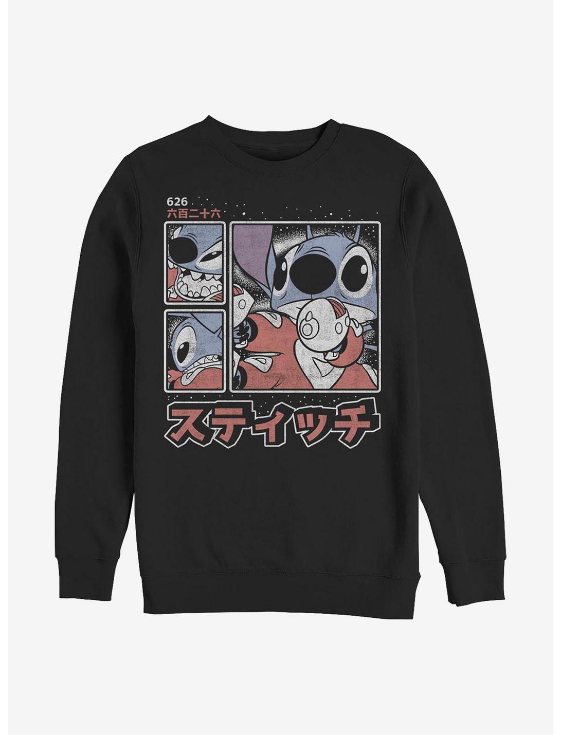 Disney Lilo & Stitch Armed And Adorable Japanese Text Crew Sweatshirt, BLACK, hi-res