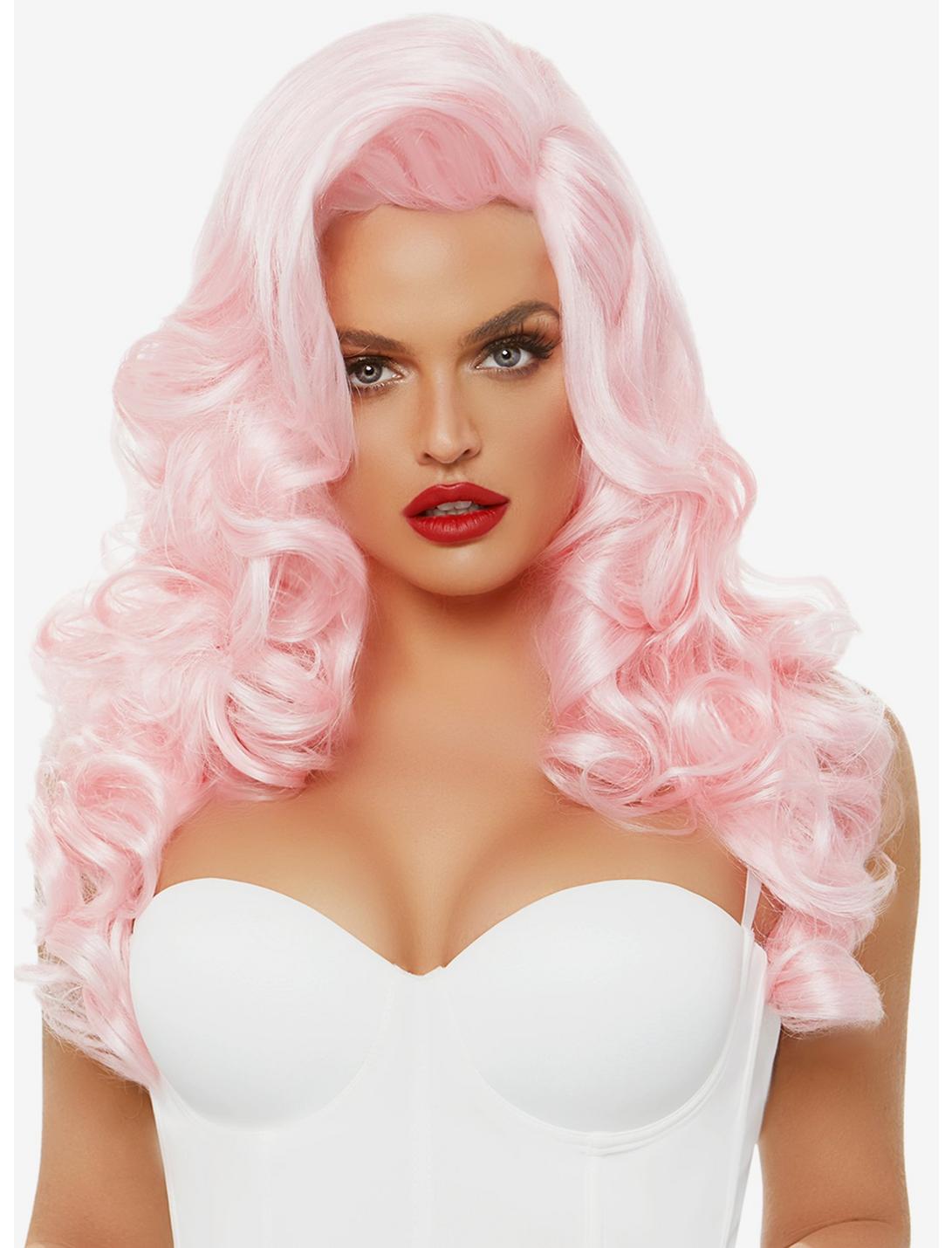 Bombshell Long Curly Wig Pink, , hi-res