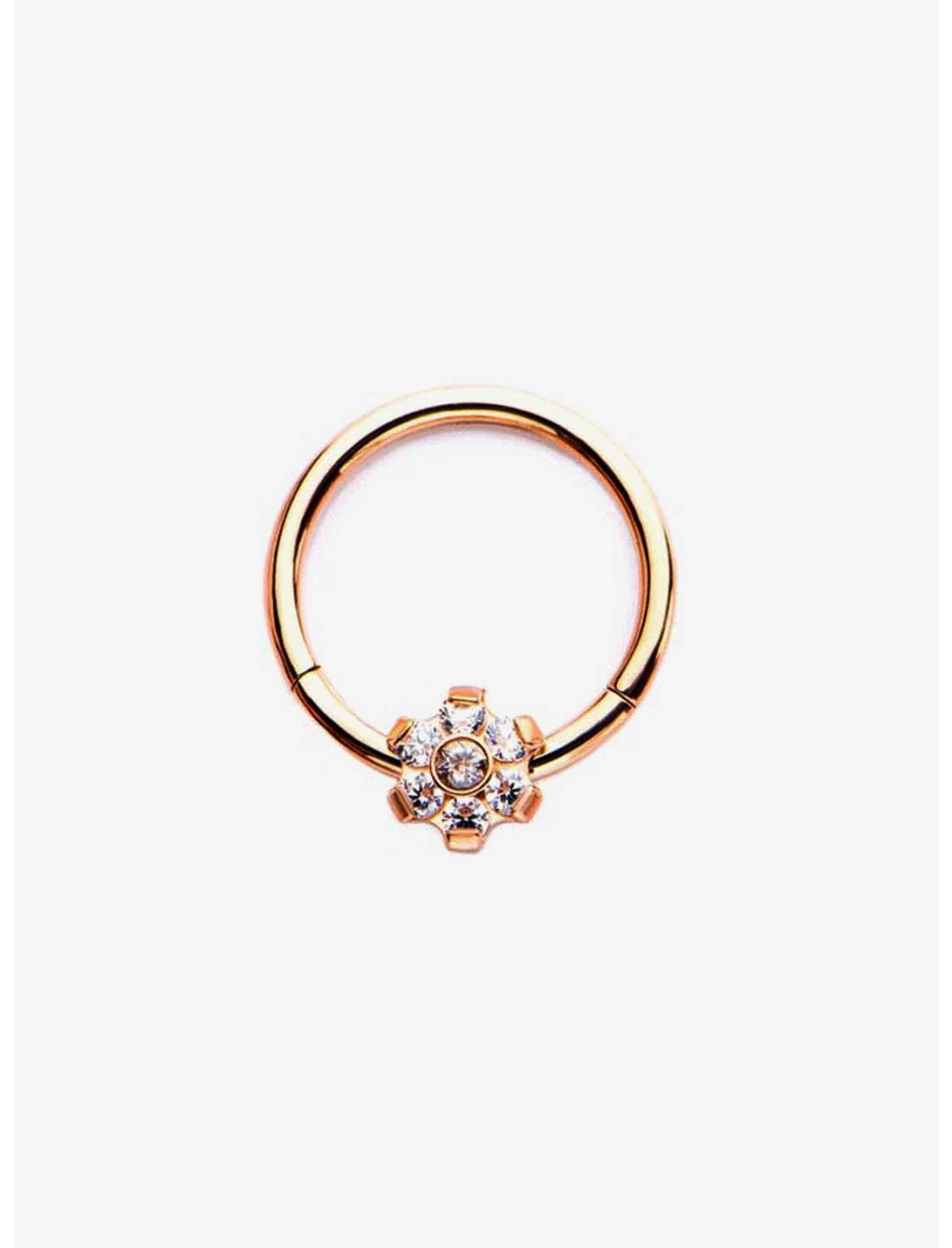 16G 3/8" Rose Gold Clear Flower Hinged Segment Ring, , hi-res