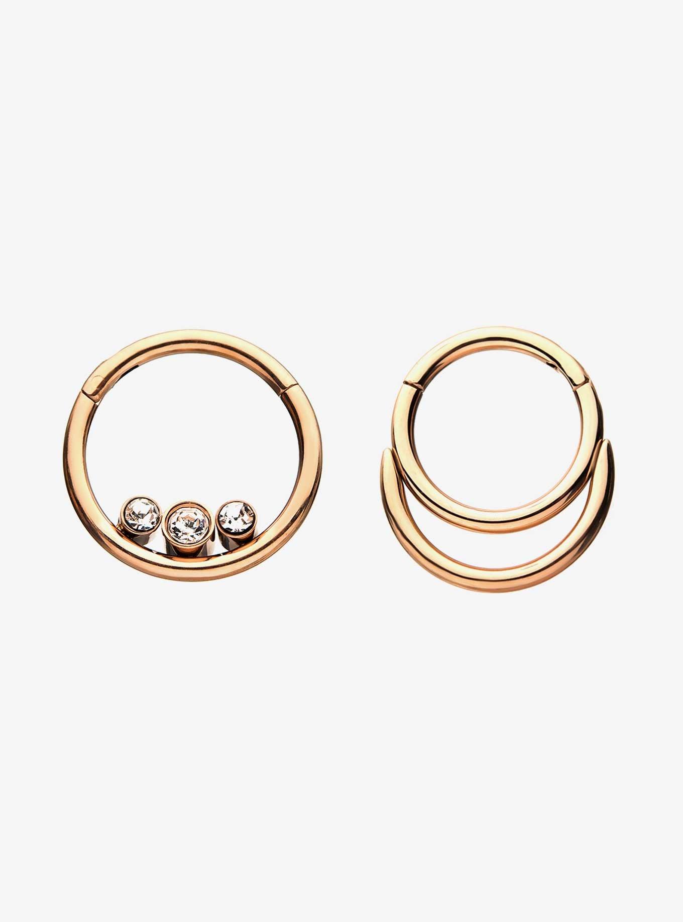 16G 3/8" Rose Gold Inner 3 Cz Hinged Segment Rings Hot Topic