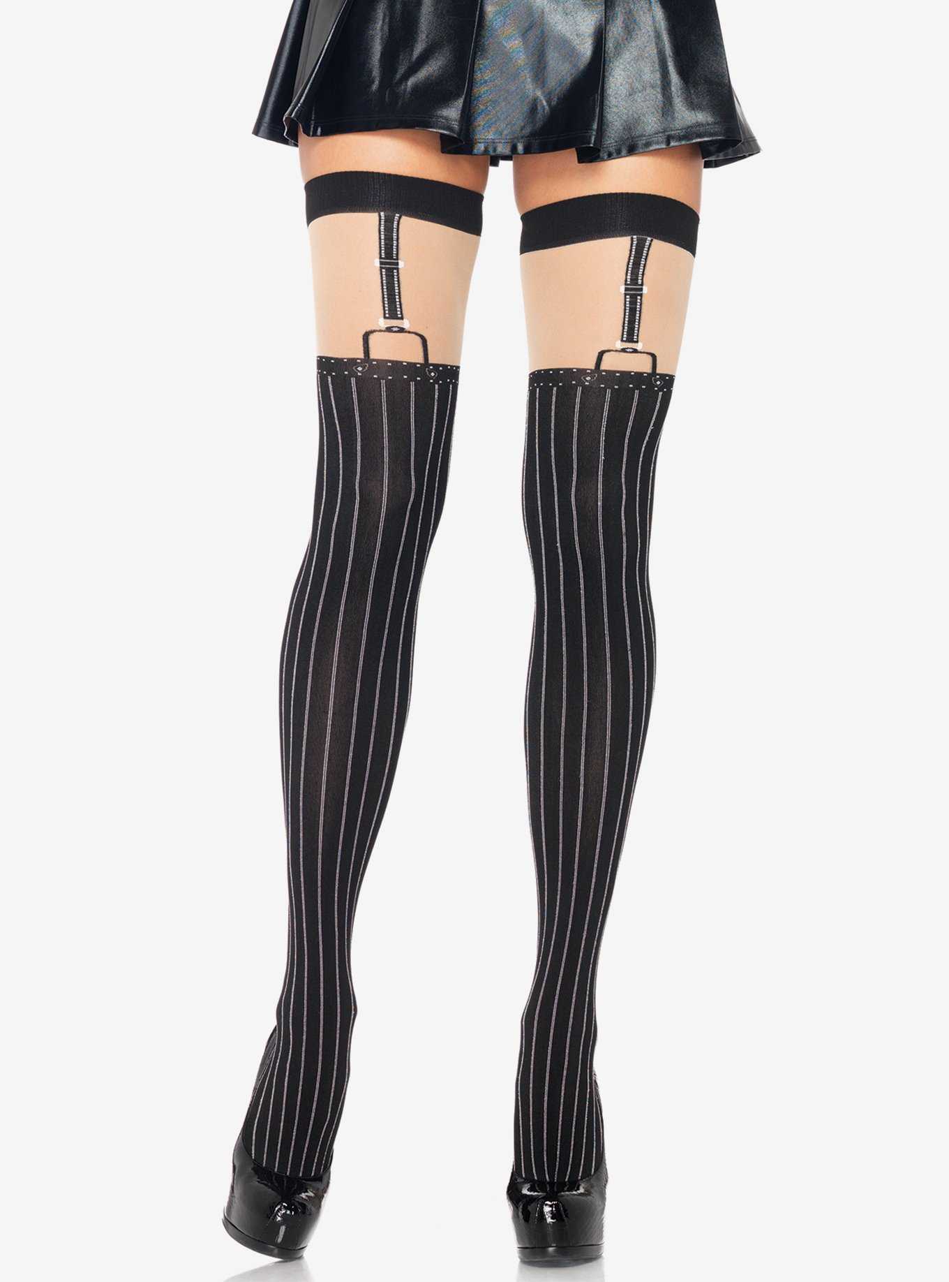 Spandex Opaque Pinstriped Thigh Highs, , hi-res