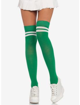 Green & White Stripe Ribbed Athletic Thigh High Socks, , hi-res