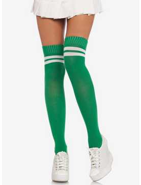 Green & White Stripe Ribbed Athletic Thigh High Socks, , hi-res