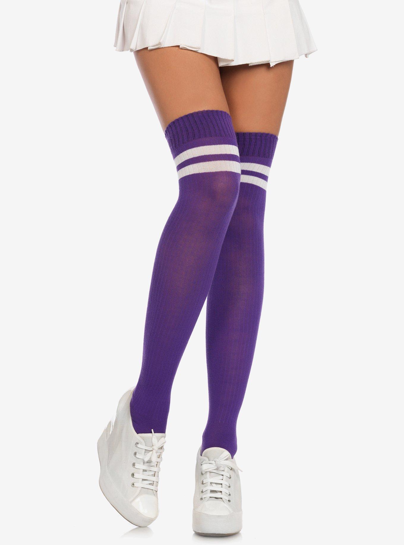 Purple & White Stripe Ribbed Athletic Thigh High Socks