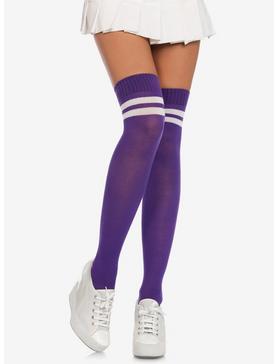 Purple & White Stripe Ribbed Athletic Thigh High Socks, , hi-res