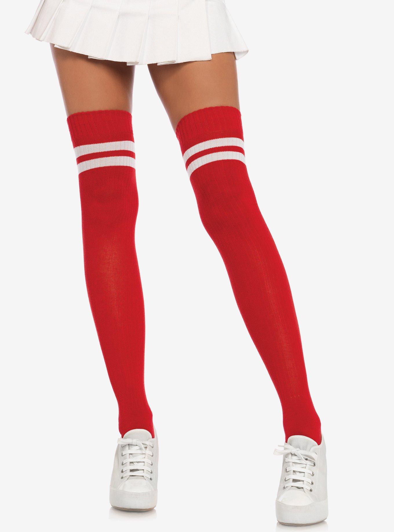 Red & White Stripe Ribbed Athletic Thigh High Socks | Hot Topic