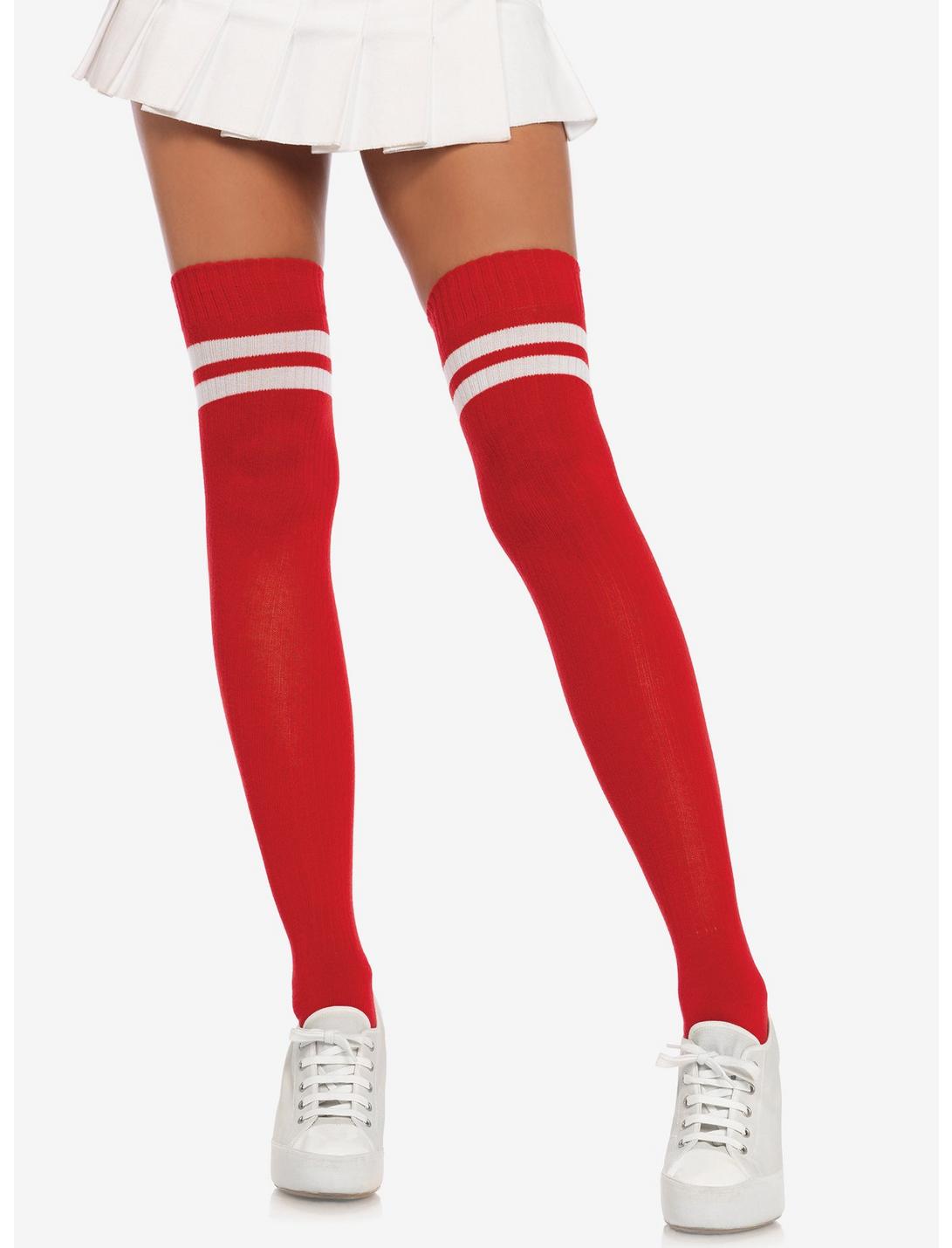 Red & White Stripe Ribbed Athletic Thigh High Socks, , hi-res