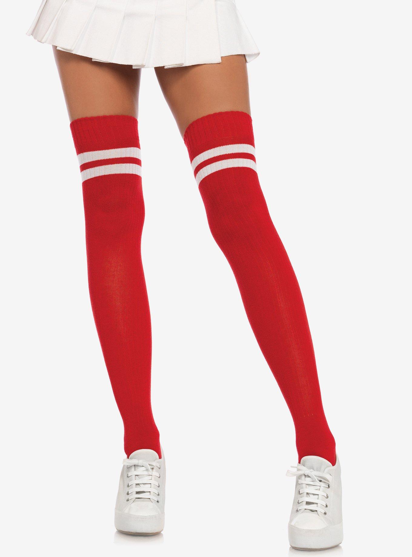 Red & White Stripe Ribbed Athletic Thigh High Socks, , hi-res