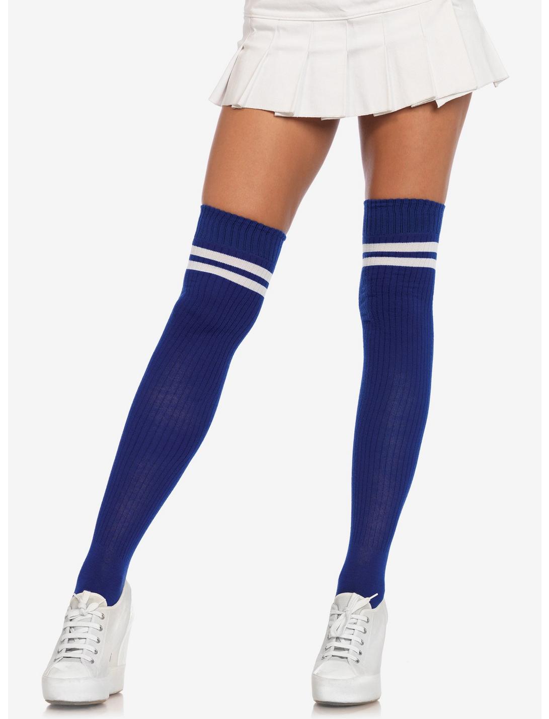Blue & White Stripe Ribbed Athletic Thigh High Socks, , hi-res
