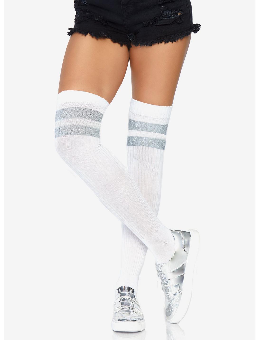 Athletic 2 Stripe Thigh Highs White/Silver, , hi-res
