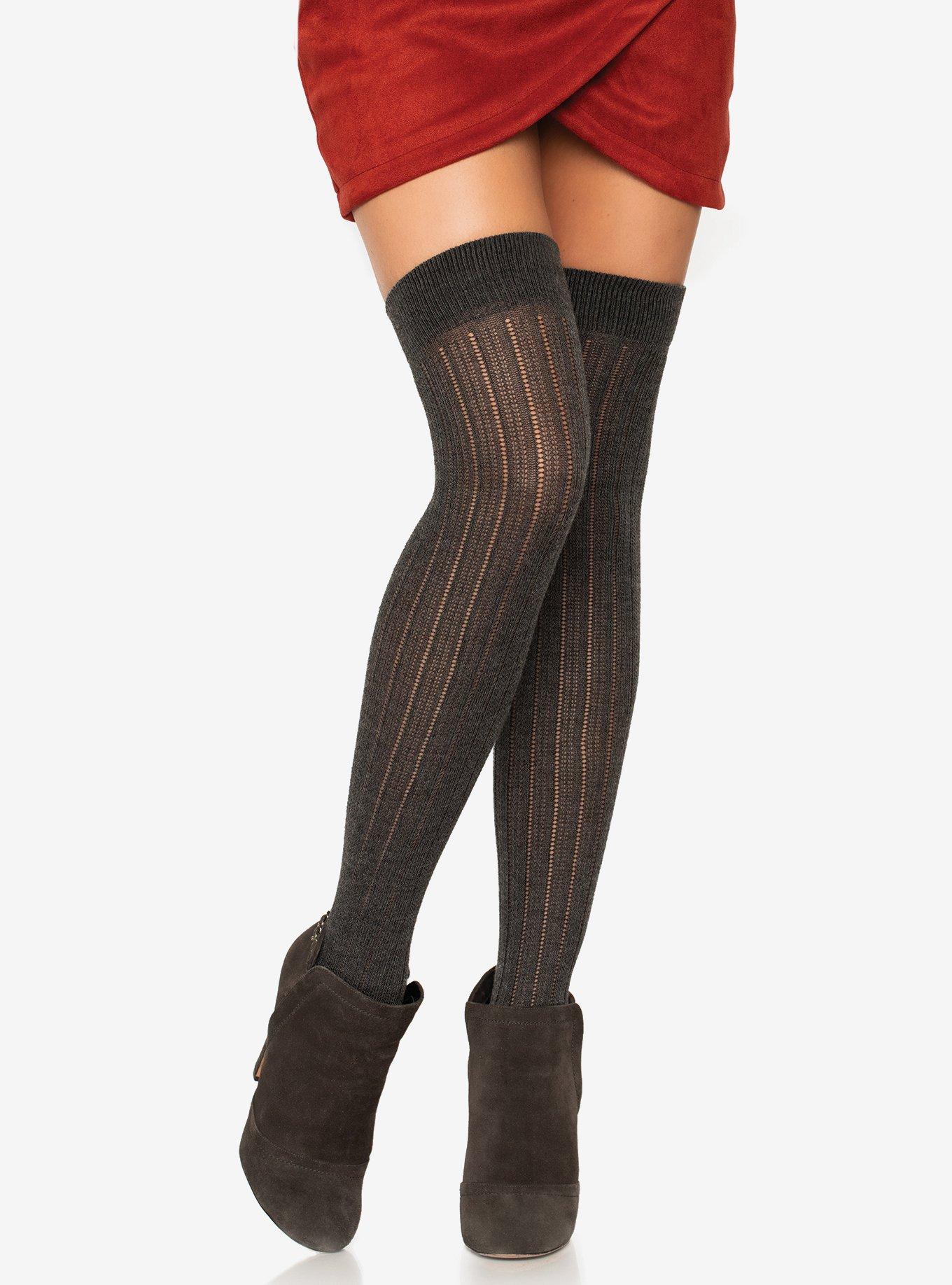 Spandex Rib Knit Over The Knee Socks Grey, , hi-res