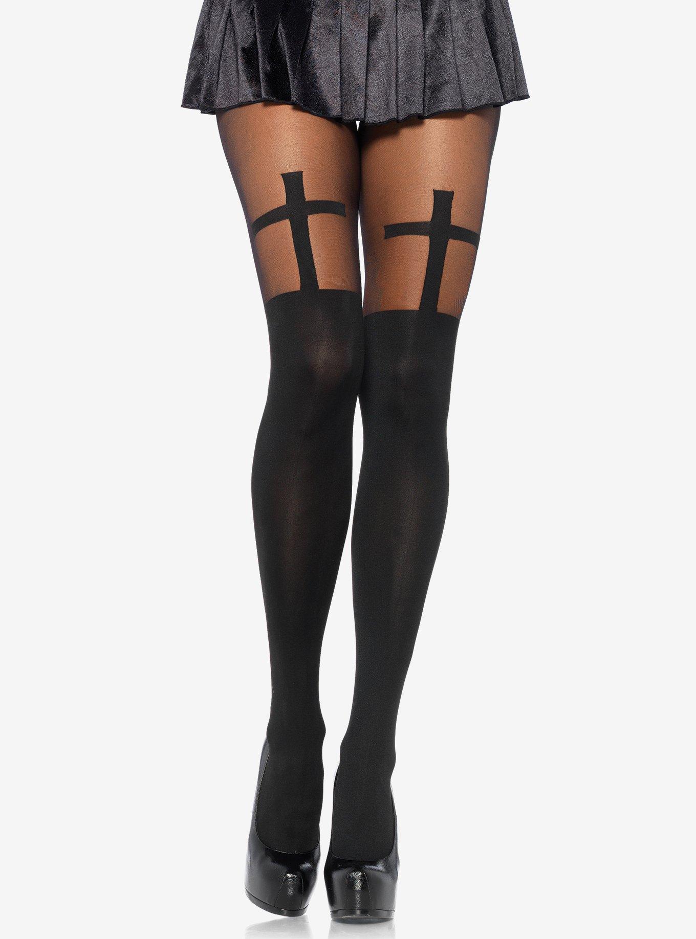 White Cross Banded Gothic Women's Tights