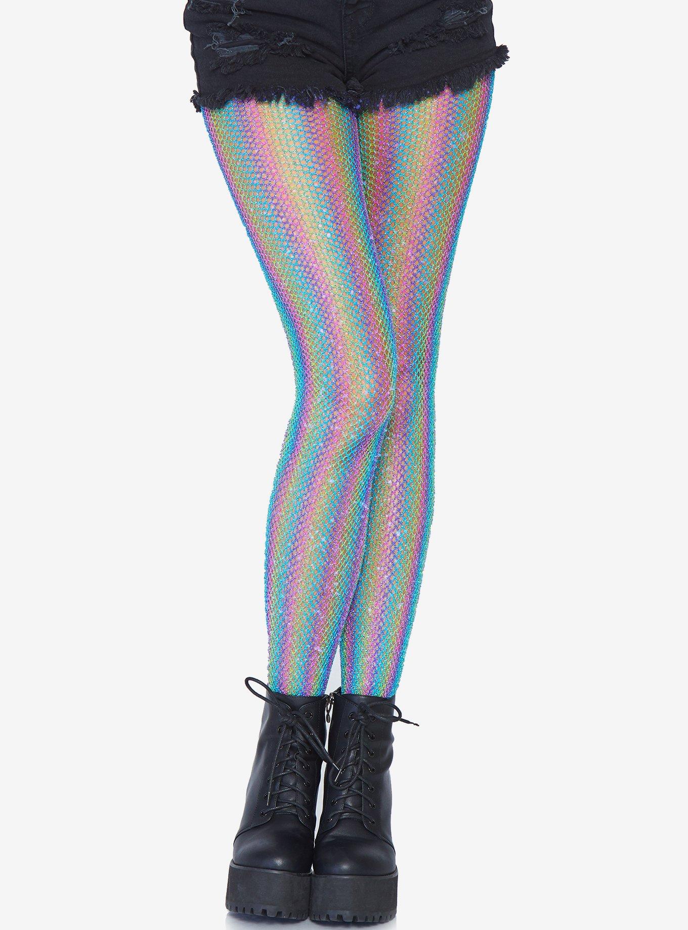 Lurex Shimmer Rainbow Striped Fishnet Tights Blue