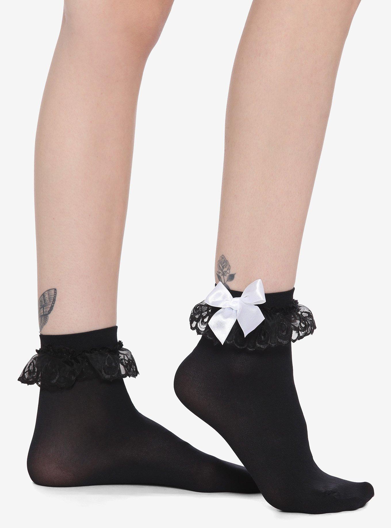 Black Lace Ruffle White Bow Ankle Socks, , hi-res