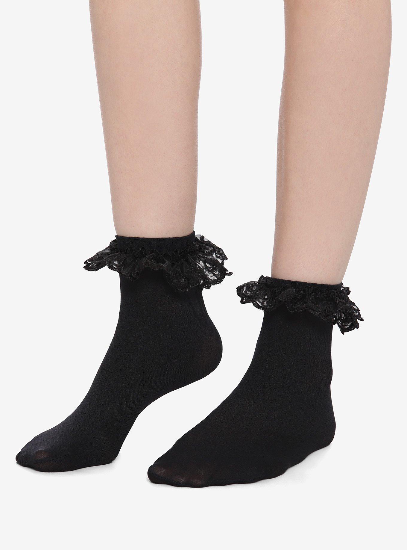 Black Lace Ruffle Ankle Socks, , hi-res