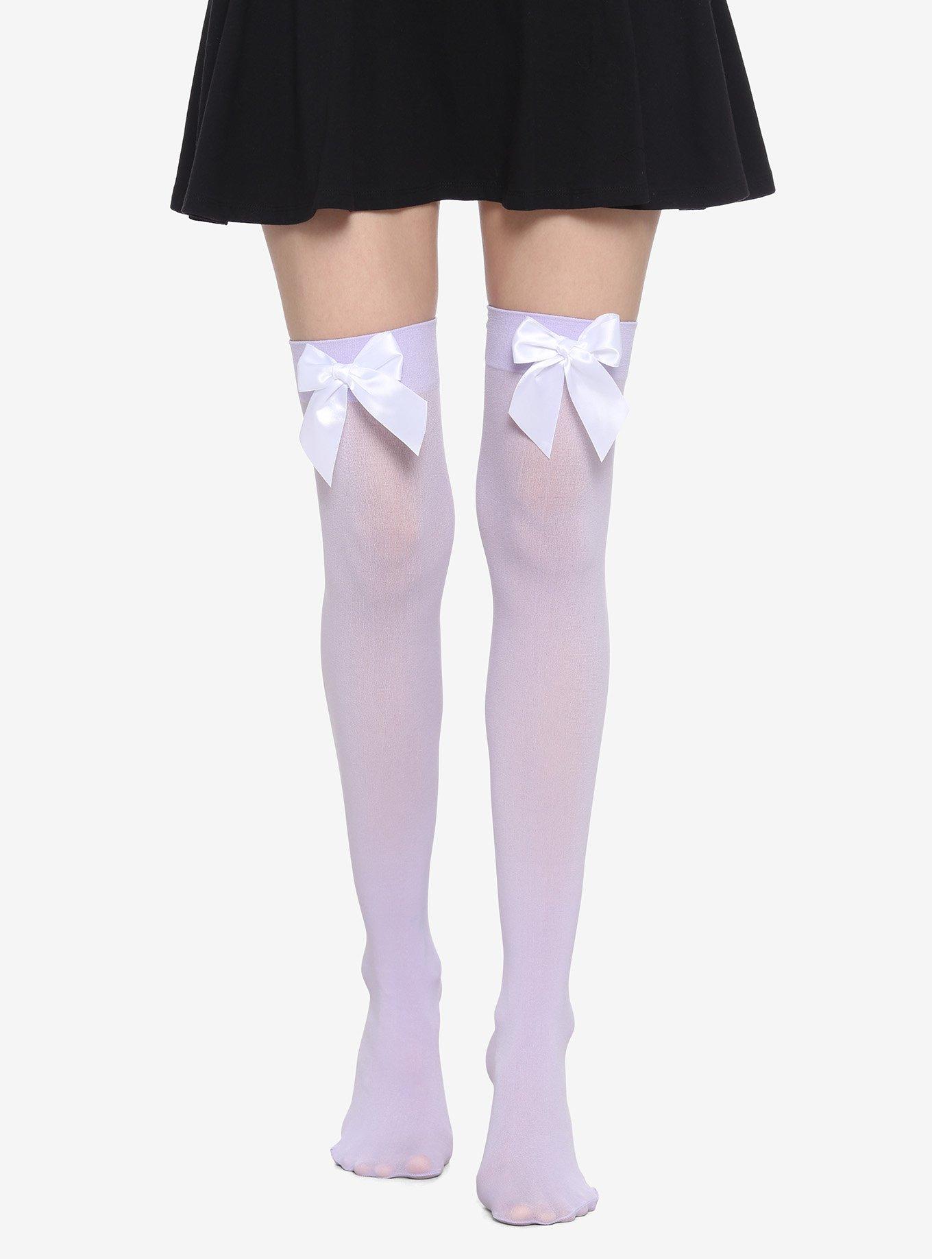 White Bow Lavender Thigh Highs, , hi-res